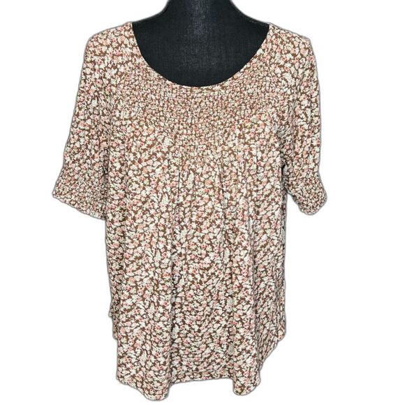 Lucky Brand Brown Pink Green Floral Short Sleeve Tunic Peasant Blouse (L) - Picture 1 of 7